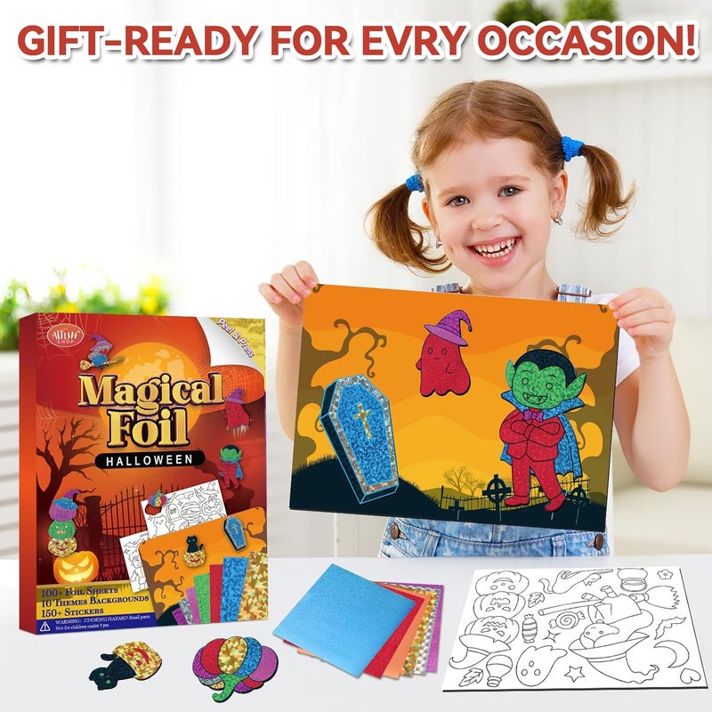 ATFUNSHOP Halloween Crafts for Kids Foil Art No Mess Foil Craft Toy for Kids Ages 4 5 6 7 8 9 10, DIY Activity Kit with Spooky Ghosts, Pumpkins & Bats,Halloween Party Favors Toys & Games for Boys and Girls - Image 4